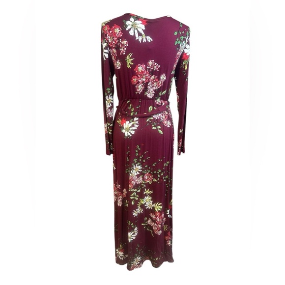 Pokwai NWT Women’s Burgundy Floral Maxi Long Sleeve Faux Wrap with Belt Large - Picture 2 of 6